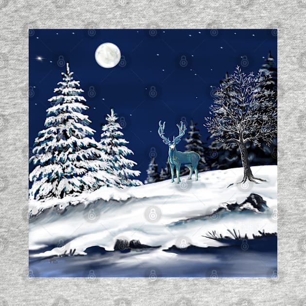 Deer In the Snowy Moonlight by JaqiW